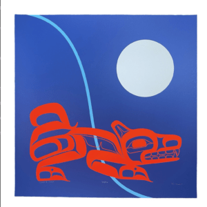 Porthole 251 - a geometric print of a red wolf in Pacific Northwest native geometric style crouching under the white circle of the moon before the blue field of the sky and a curving azure line like the slope of a mountain, bisecting the frame. 