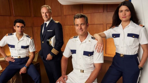 The stars of Doctor Odyssey - Sean Teale, Don Johnson, Joshua Jackson, and Philippa Soo, pose for an official portrait as crew of The Odyssey. CREDIT: Disney/Pari Dukovic