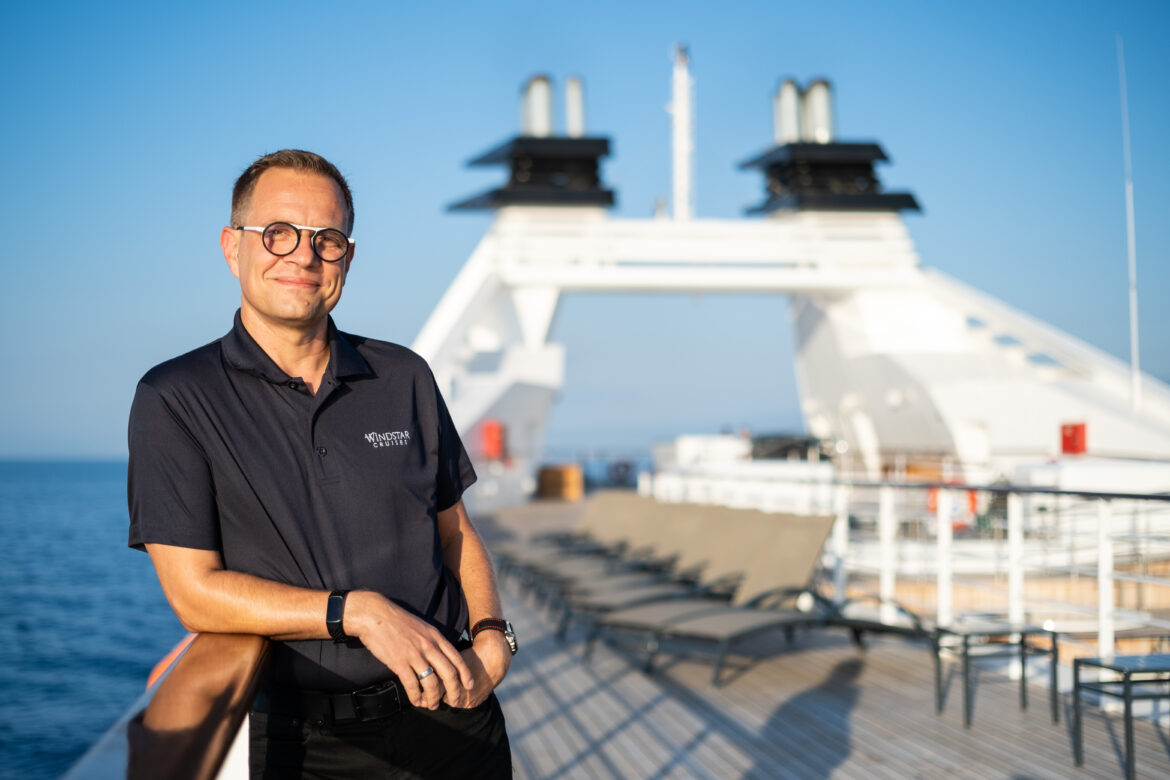 Windstar President Chris Prelog on the top deck of Star Pride, one of Windstar Cruises' motor launches.