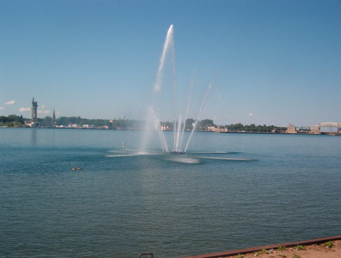 Millenium Fountain, with Sault Ste. Marie, Michigan in the background. Public domain.
